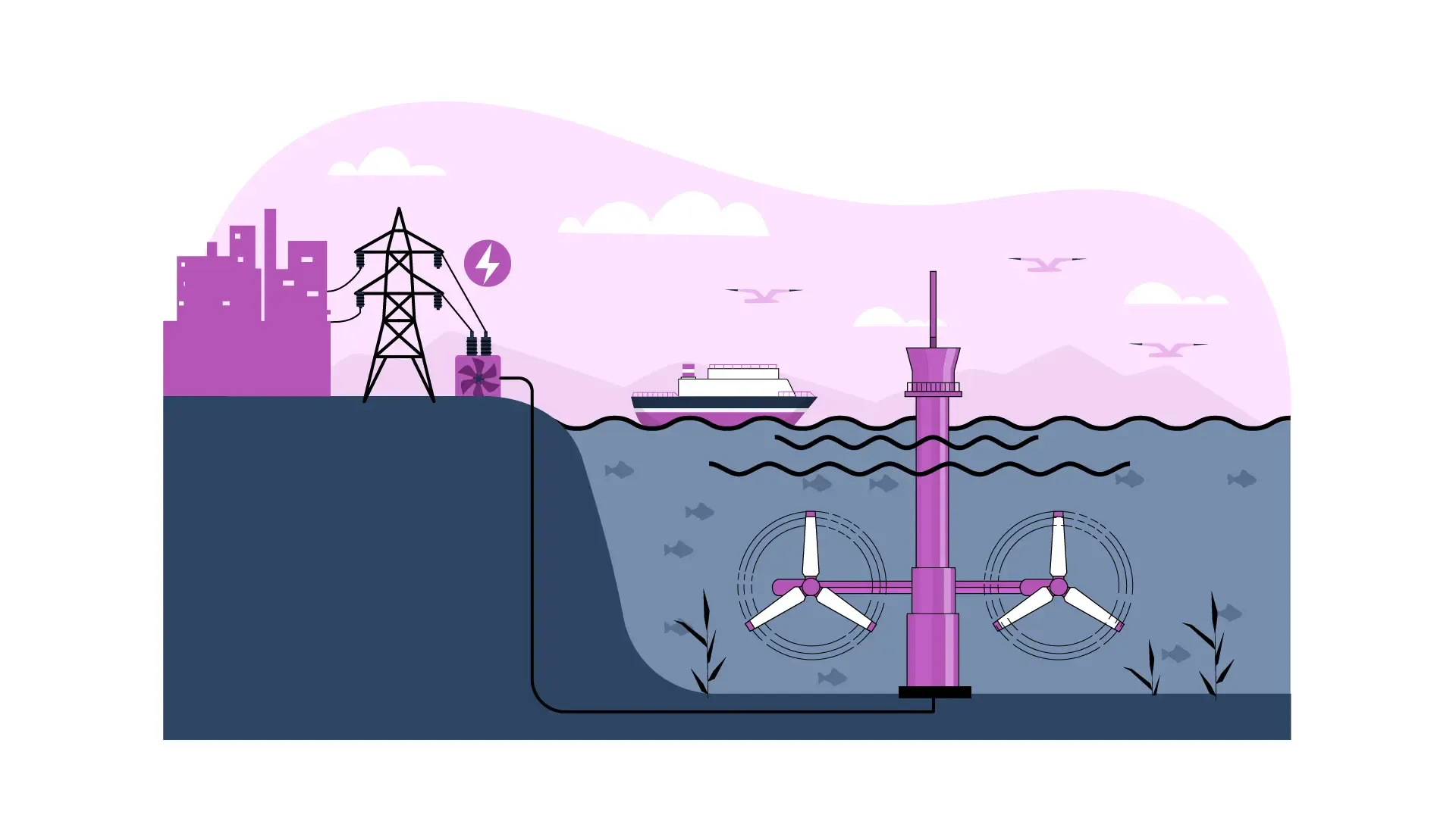 Flat Vector Illustration of Underwater Turbines for Renewable Energy